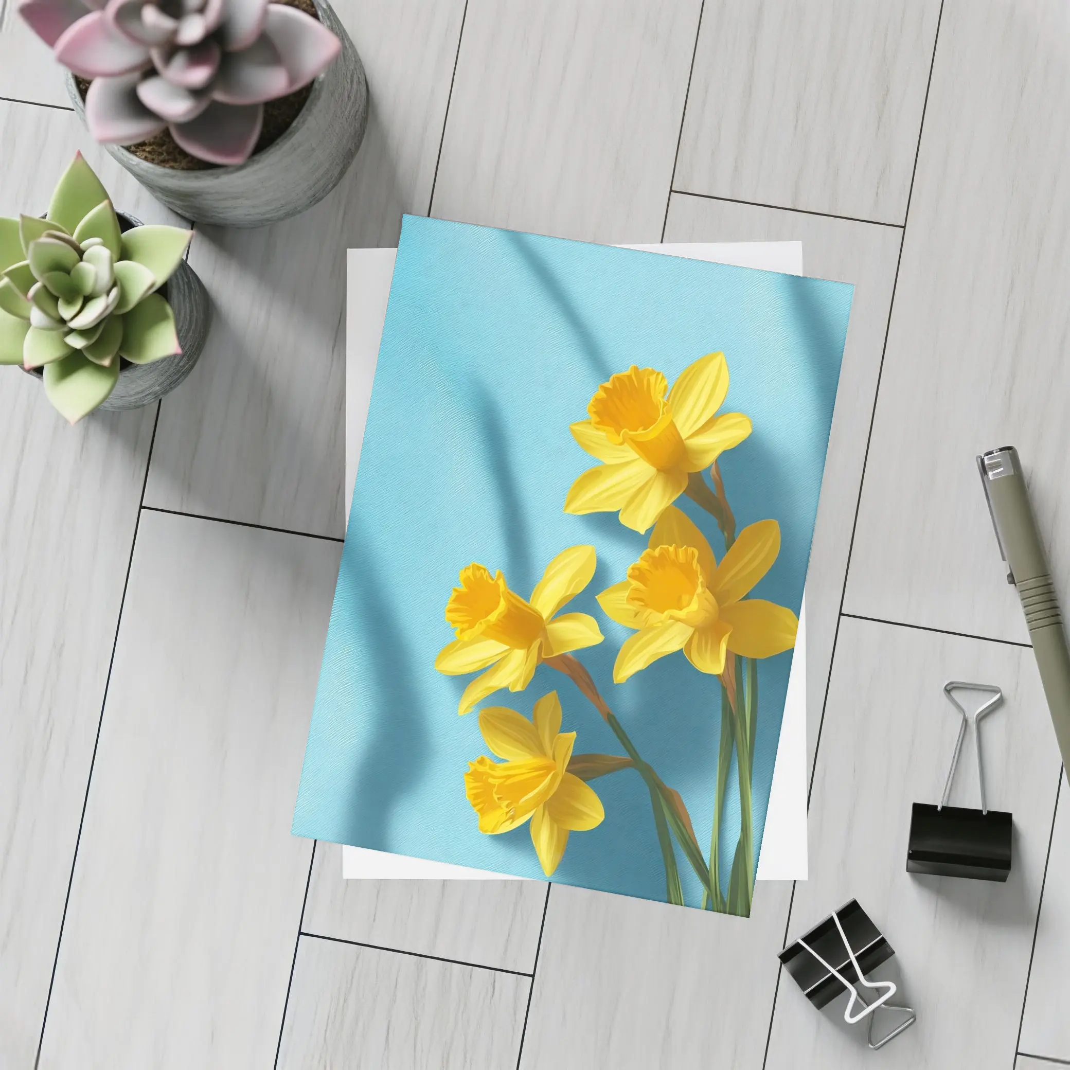 Yellow Daffodils On Light Blue Background – Postcards