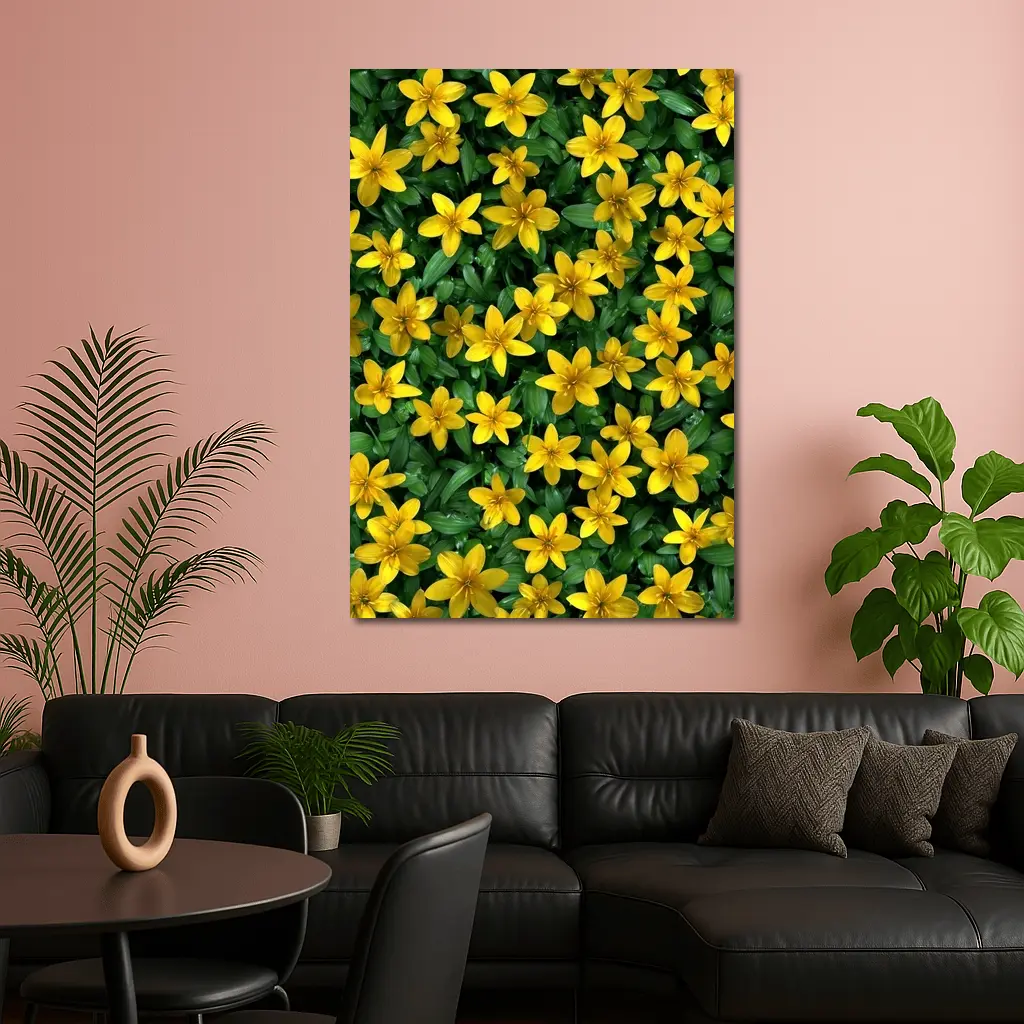 Yellow Wildflowers Dense Green Foliage Background – Wall Art