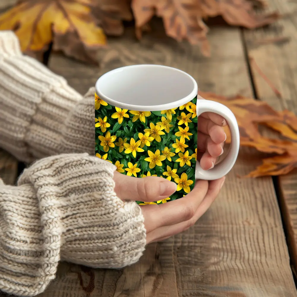 Yellow Wildflowers Dense Green Foliage Background – Mugs
