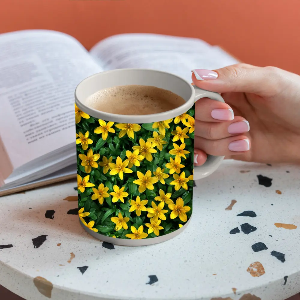 Yellow Wildflowers Dense Green Foliage Background – Mugs