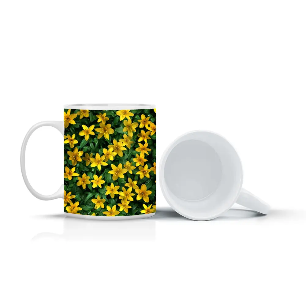 Yellow Wildflowers Dense Green Foliage Background – Mugs