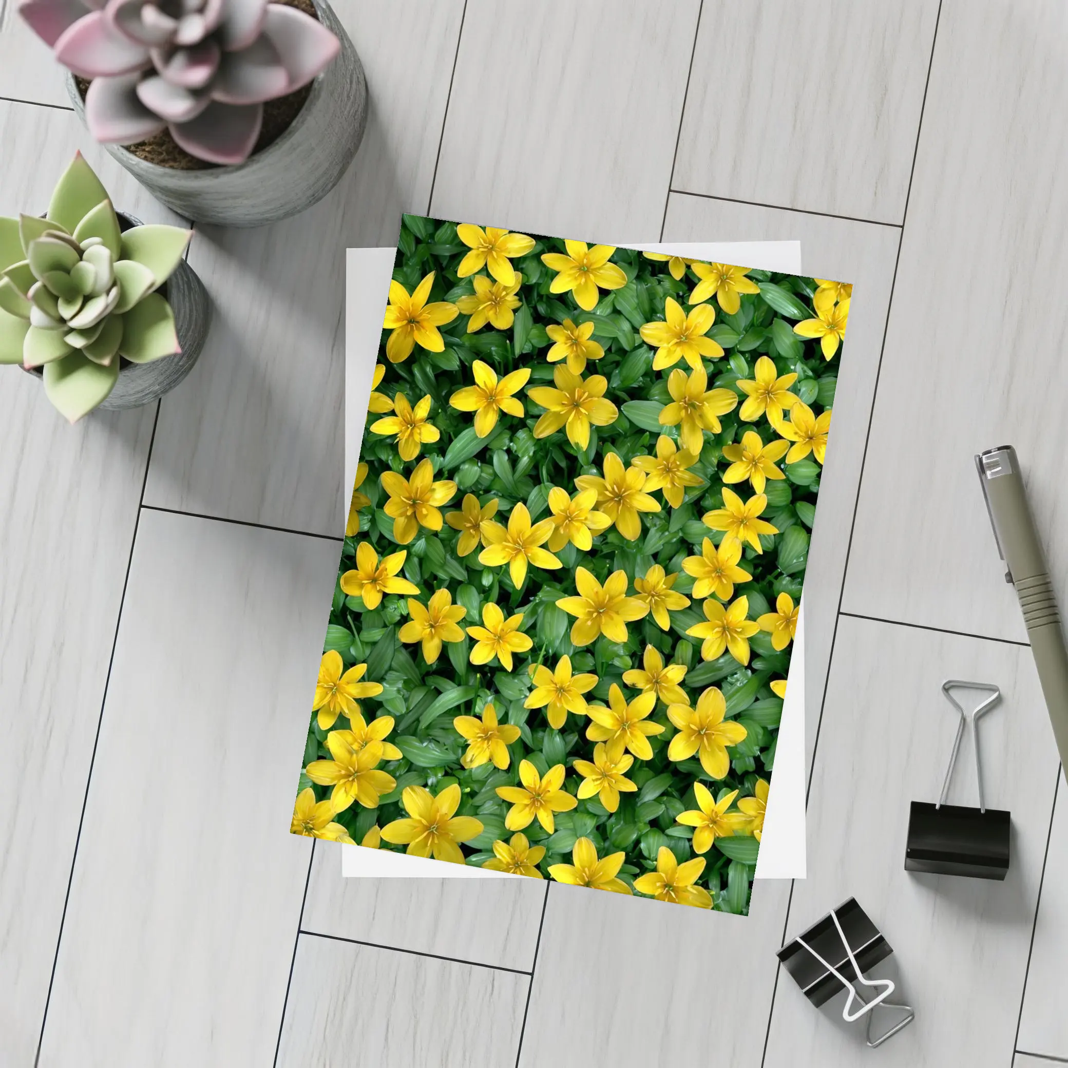 Yellow Wildflowers Dense Green Foliage Background – Postcards