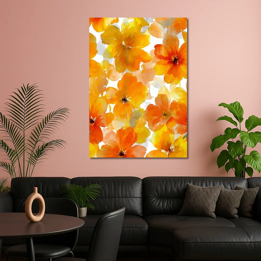 Orange Yellow Watercolor Flowers White Background – Wall Art