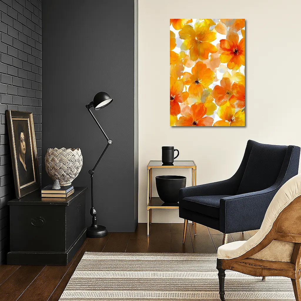 Orange Yellow Watercolor Flowers White Background – Wall Art