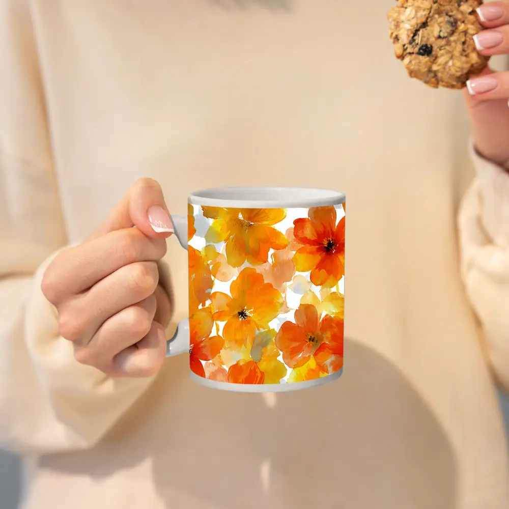 Orange Yellow Watercolor Flowers White Background – Mugs