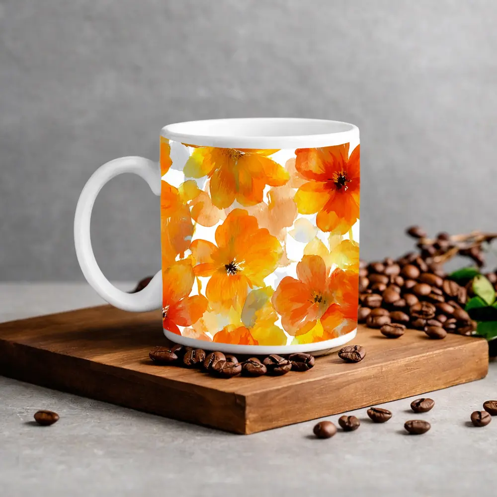 Orange Yellow Watercolor Flowers White Background – Mugs