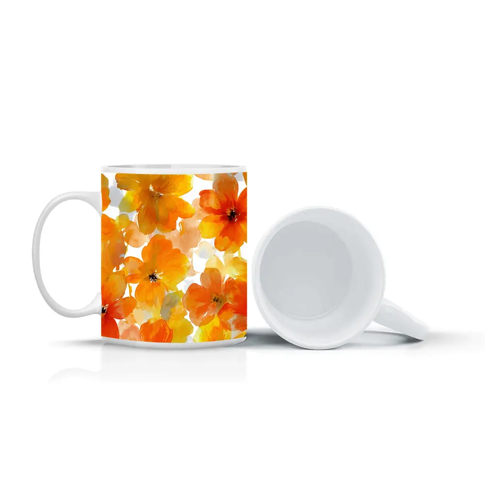 Orange Yellow Watercolor Flowers White Background – Mugs