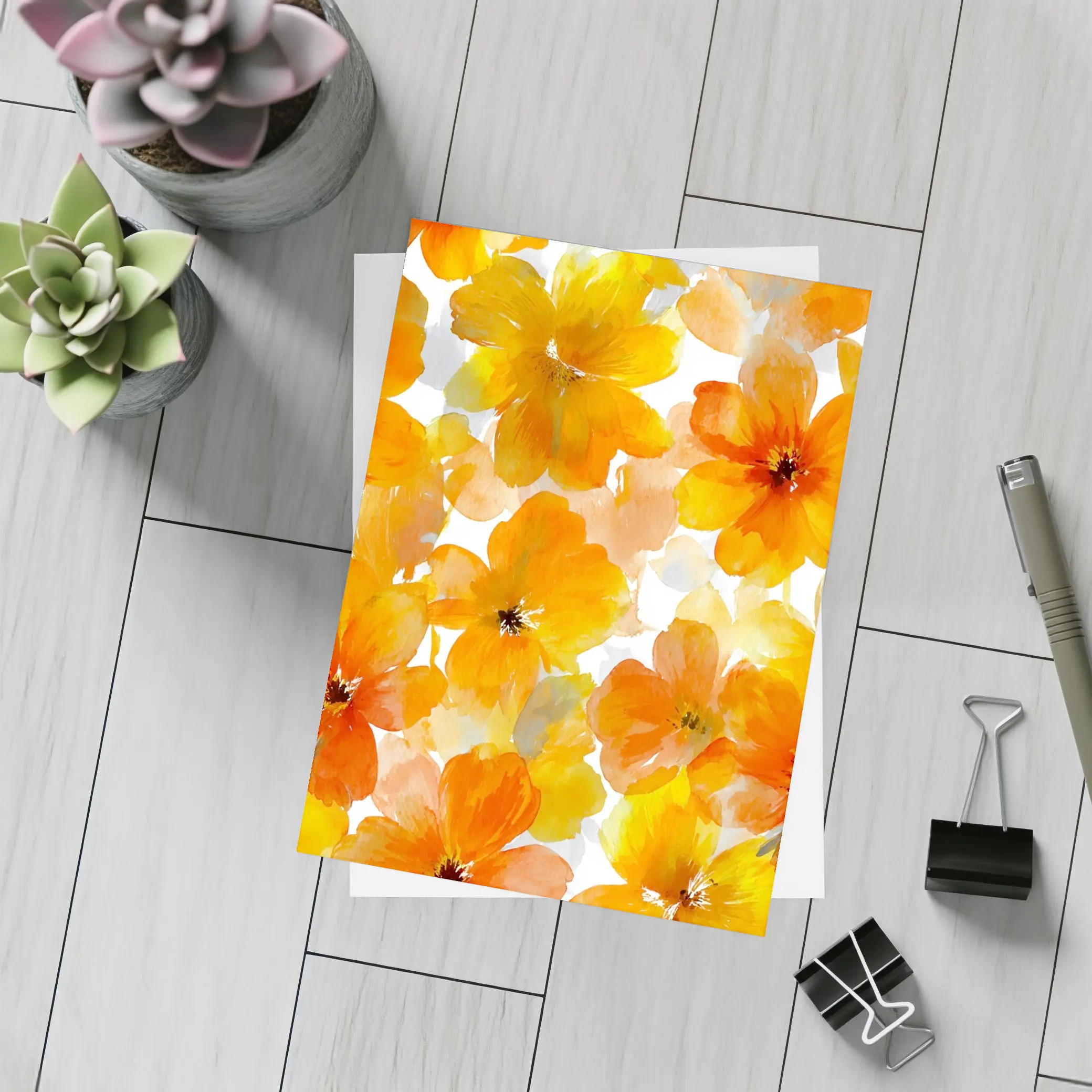 Orange Yellow Watercolor Flowers White Background – Postcards