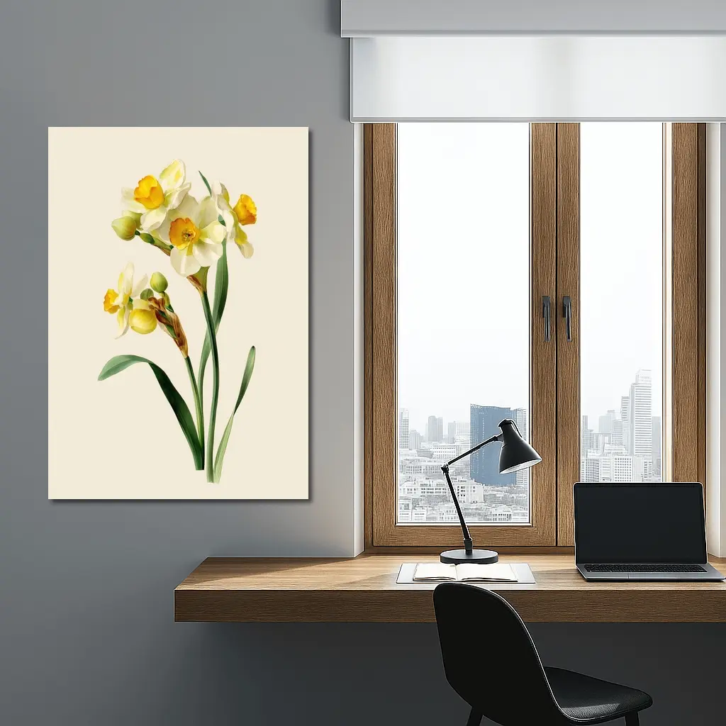 Narcissus Daffodil Botanical Art Beige Background – Wall Art