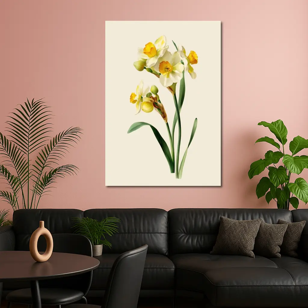 Narcissus Daffodil Botanical Art Beige Background – Wall Art