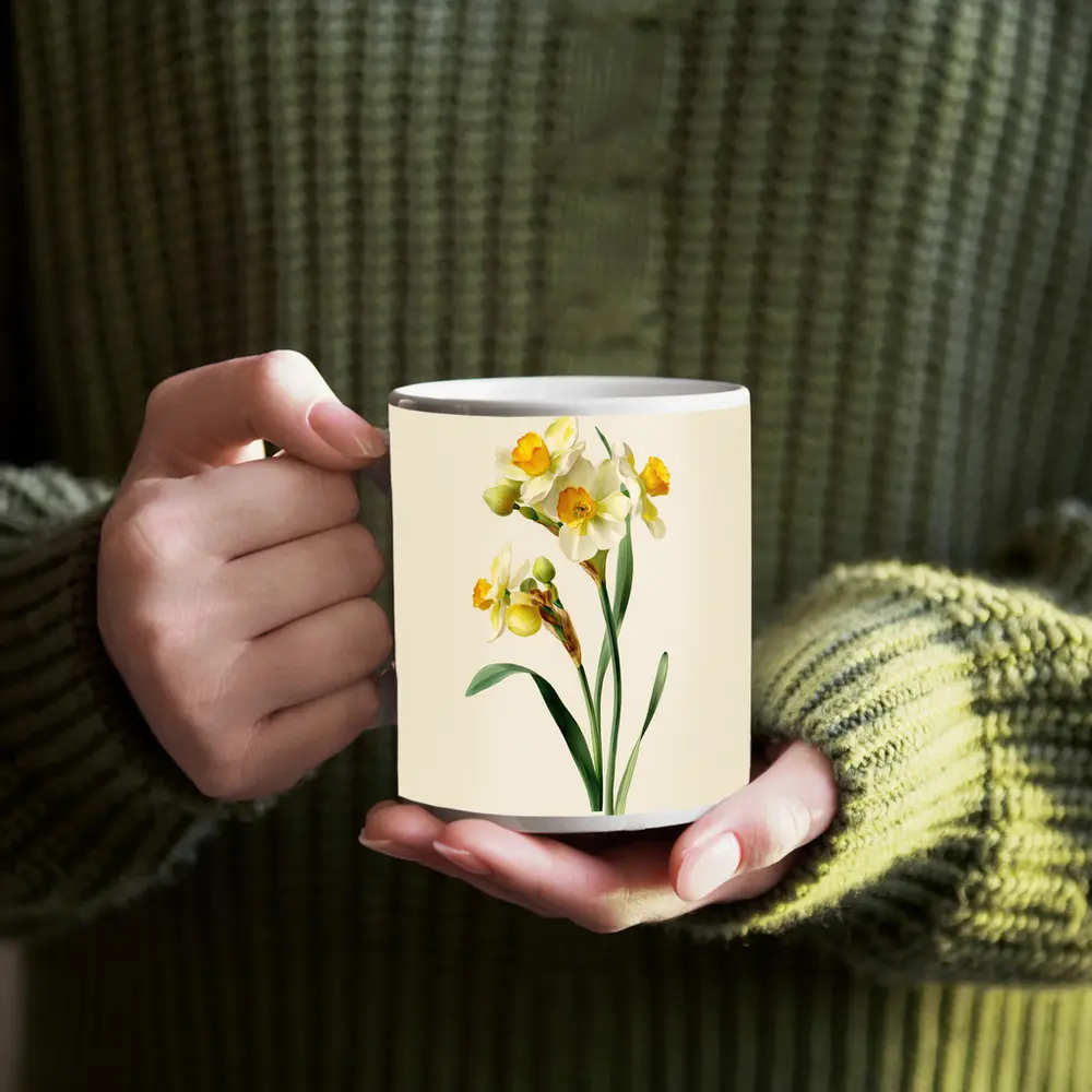 Narcissus Daffodil Botanical Art Beige Background – Mugs