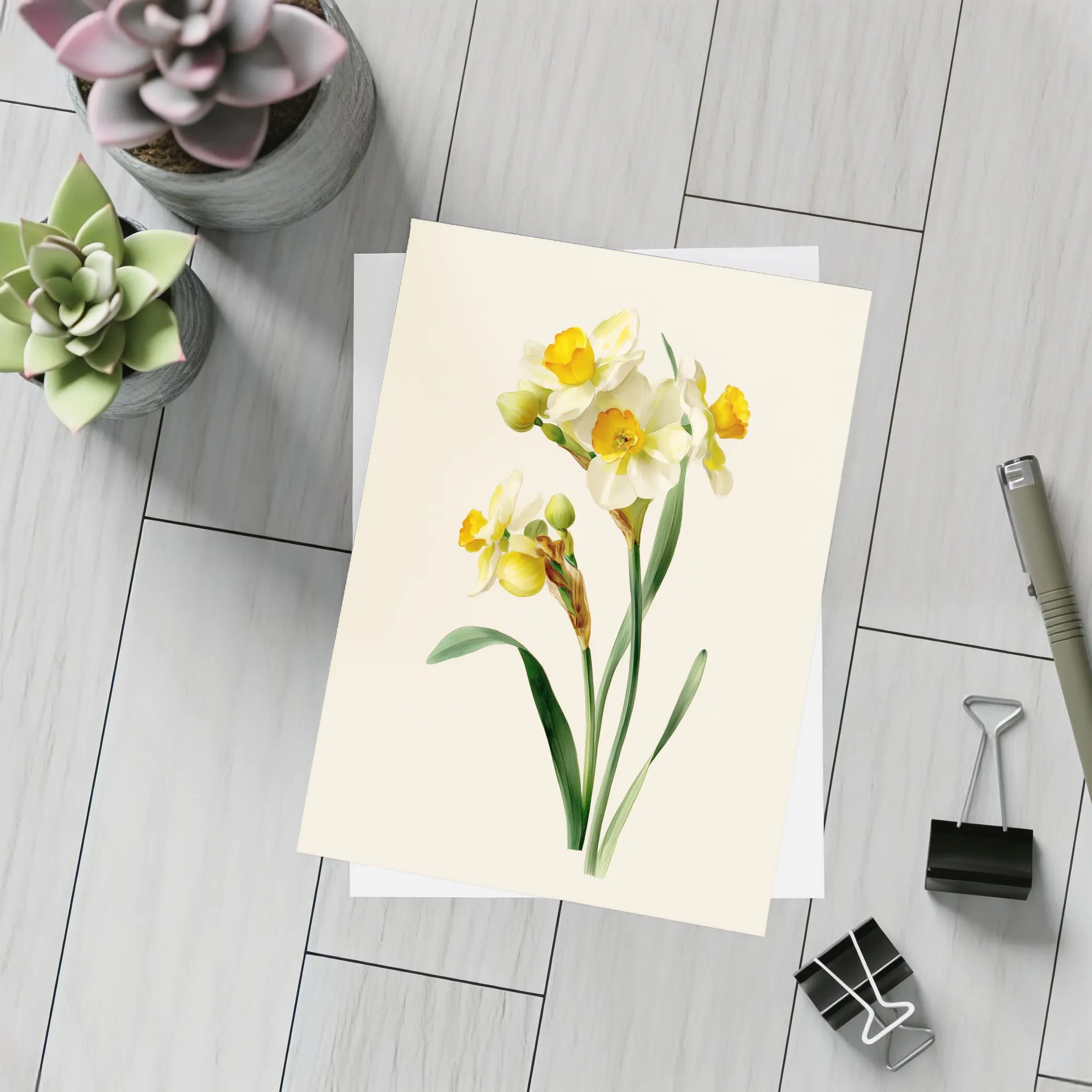 Narcissus Daffodil Botanical Art Beige Background – Postcards