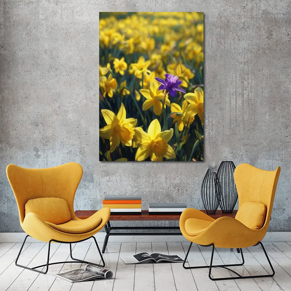 Yellow Daffodils Field Single Purple Flower – Wall Art