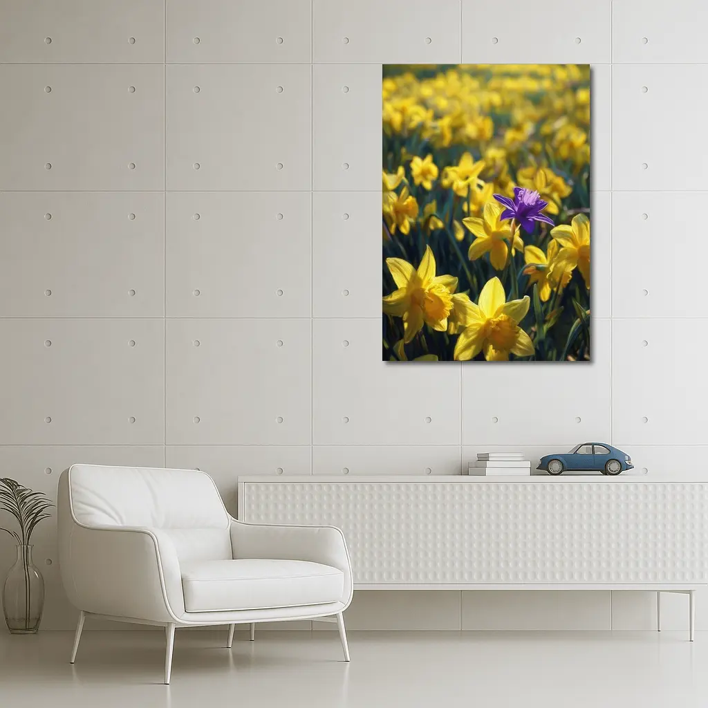 Yellow Daffodils Field Single Purple Flower – Wall Art