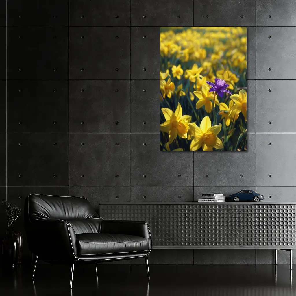 Yellow Daffodils Field Single Purple Flower – Wall Art