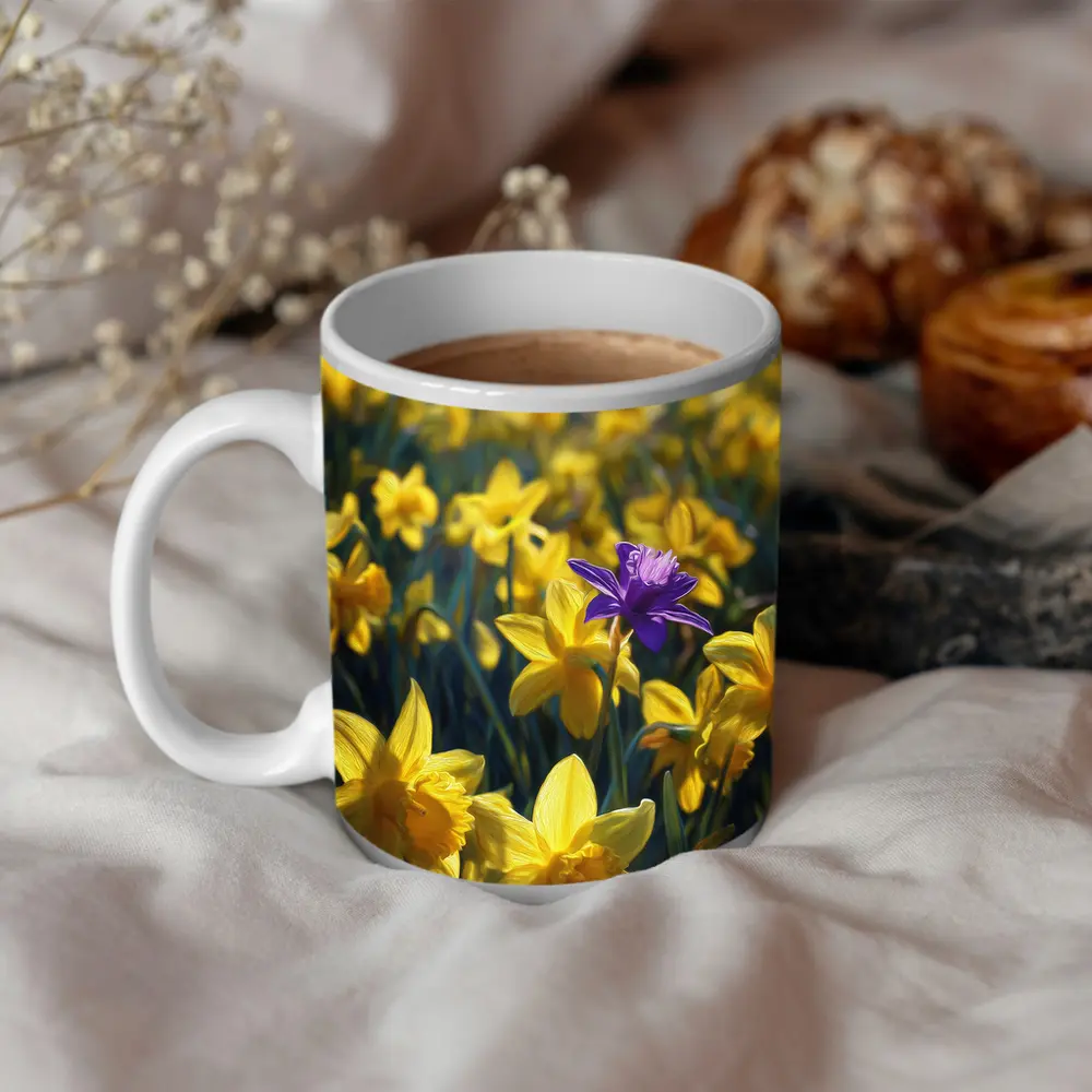 Yellow Daffodils Field Single Purple Flower – Mugs