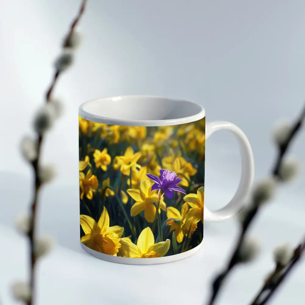 Yellow Daffodils Field Single Purple Flower – Mugs