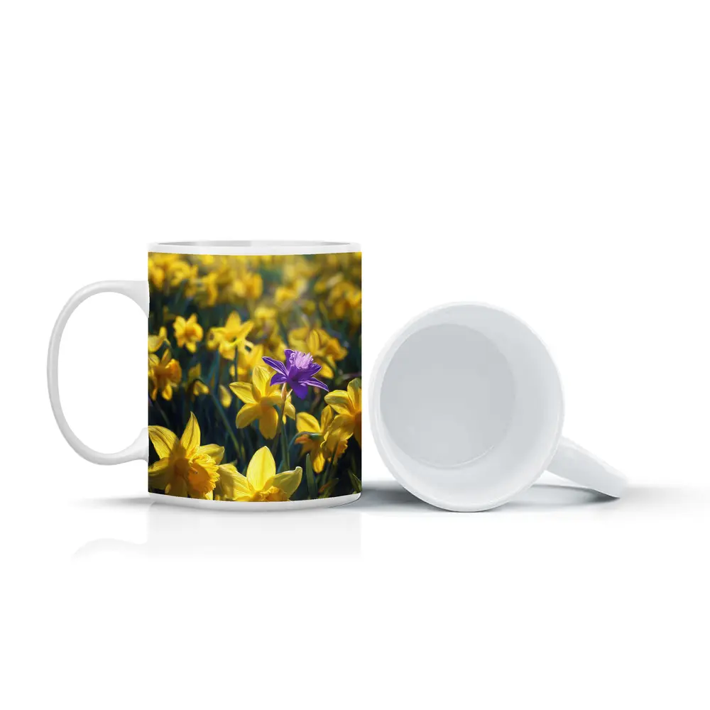 Yellow Daffodils Field Single Purple Flower – Mugs