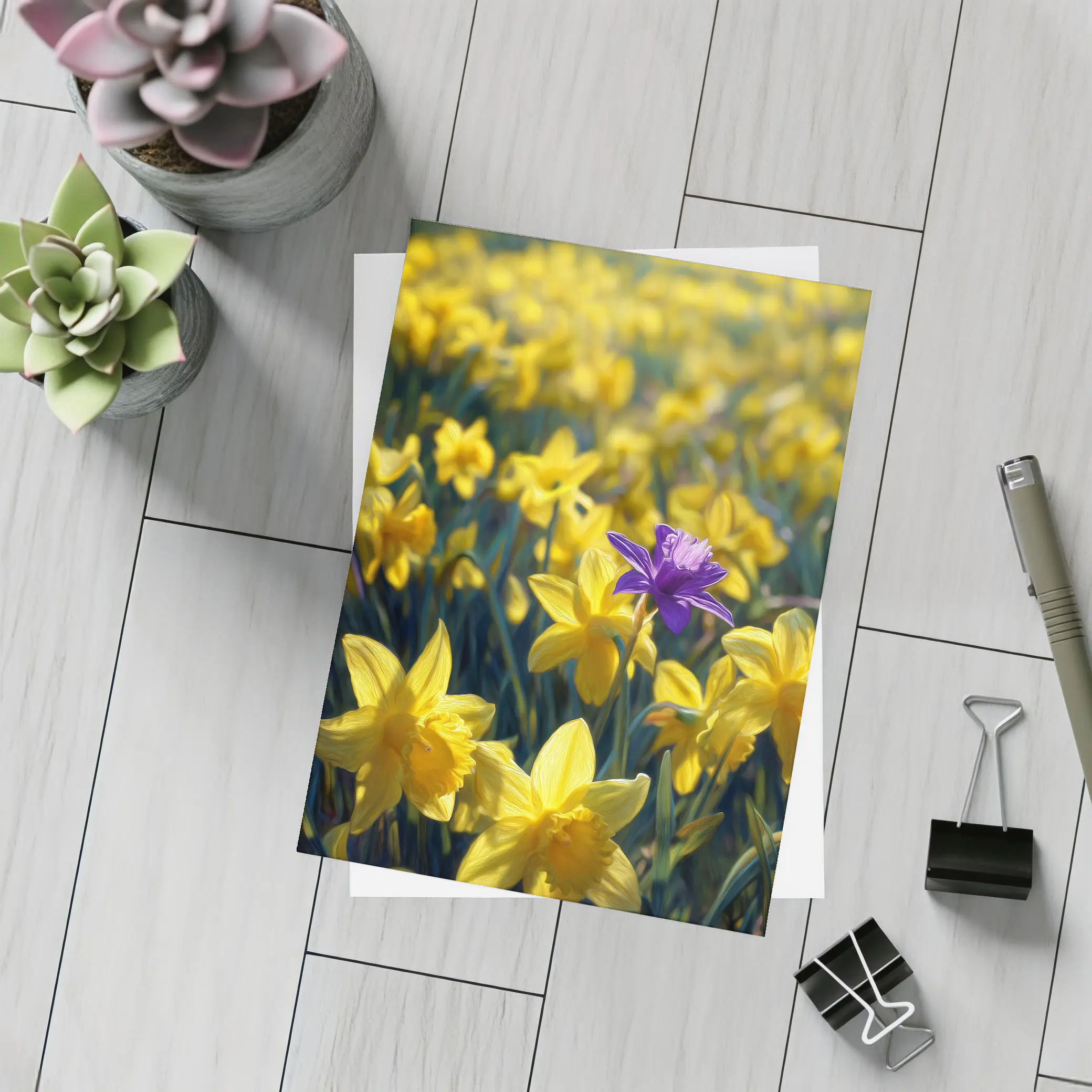 Yellow Daffodils Field Single Purple Flower – Postcards