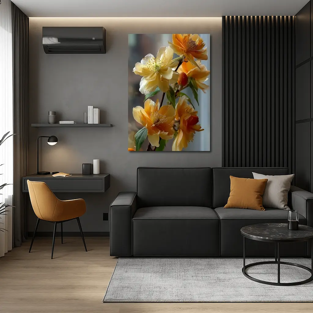 Yellow Orange Blossom Flowers Branch Close Up – Wall Art