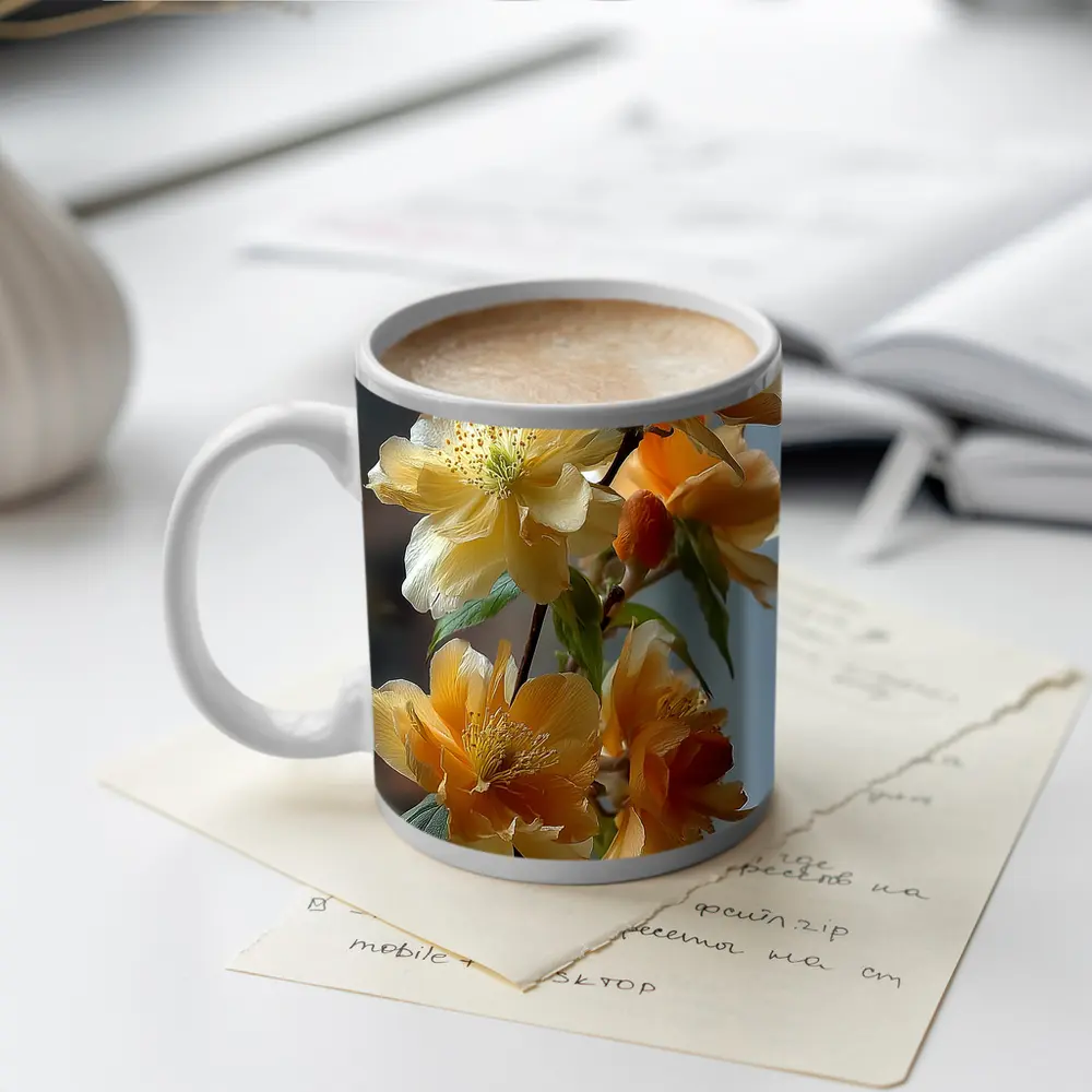 Yellow Orange Blossom Flowers Branch Close Up – Mugs