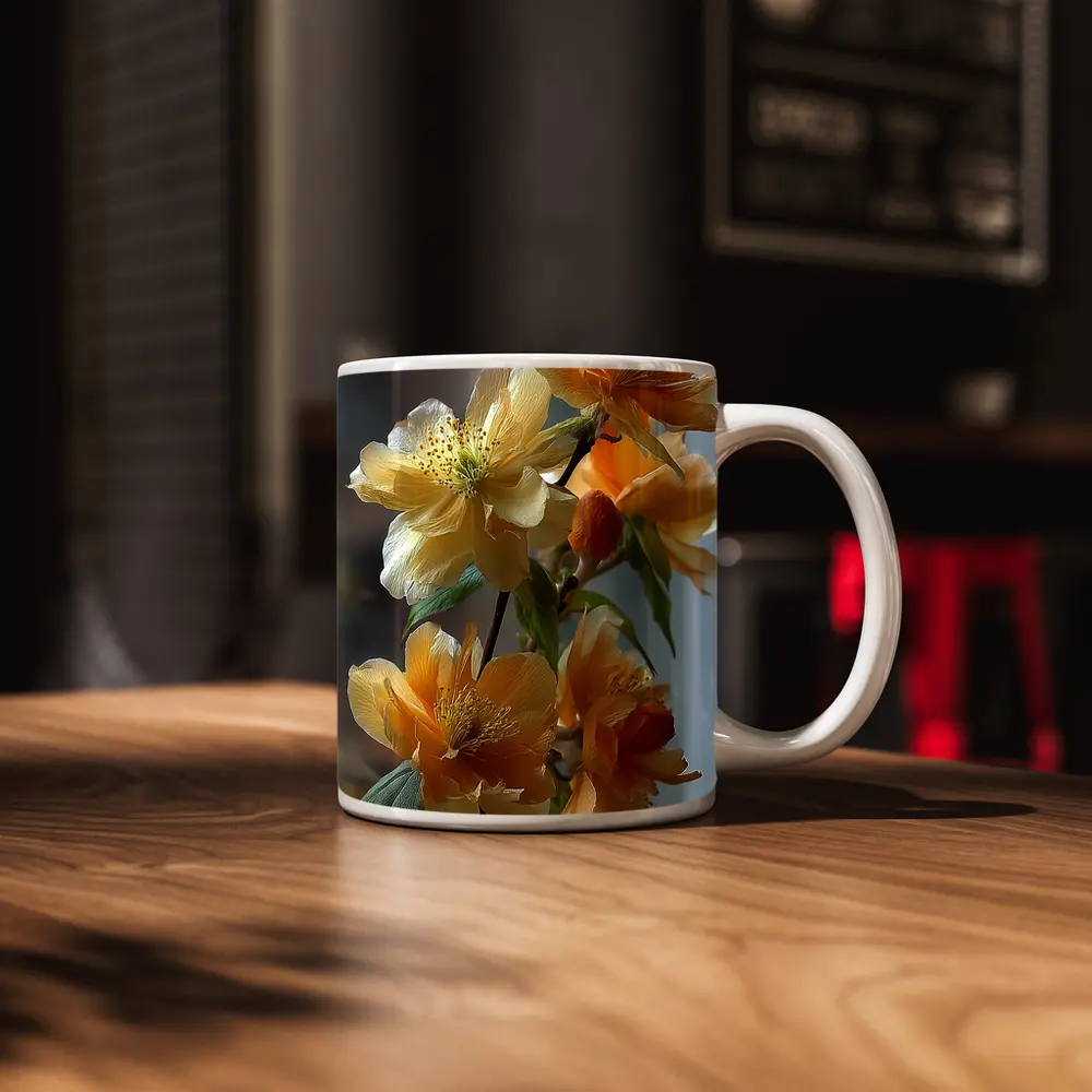 Yellow Orange Blossom Flowers Branch Close Up – Mugs