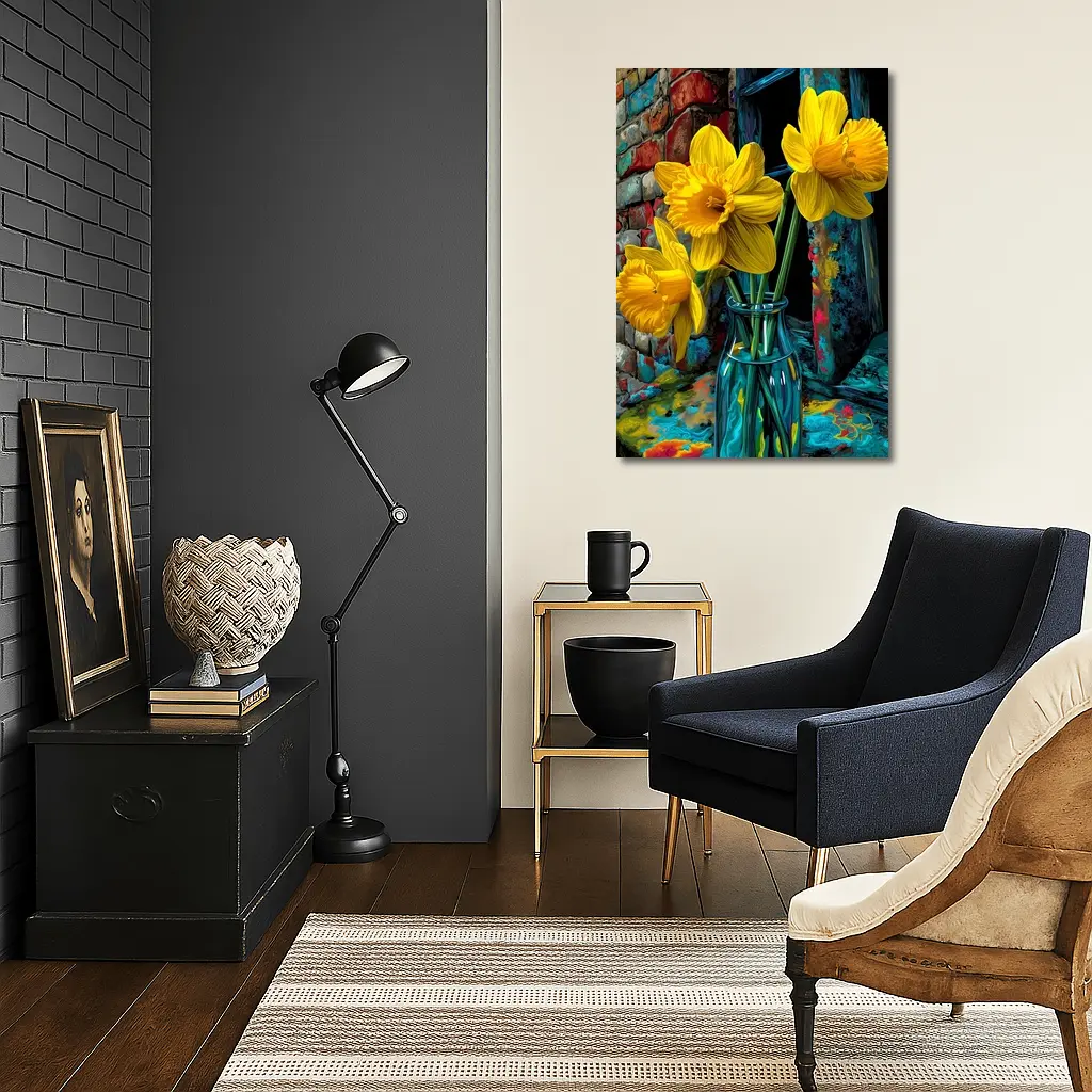 Yellow Daffodils Glass Vase Brick Wall – Wall Art