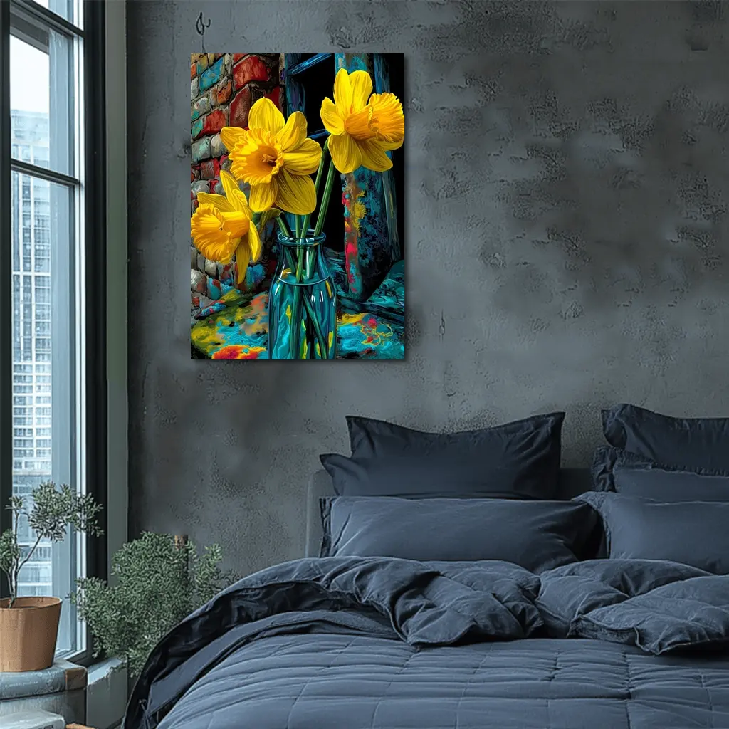 Yellow Daffodils Glass Vase Brick Wall – Wall Art
