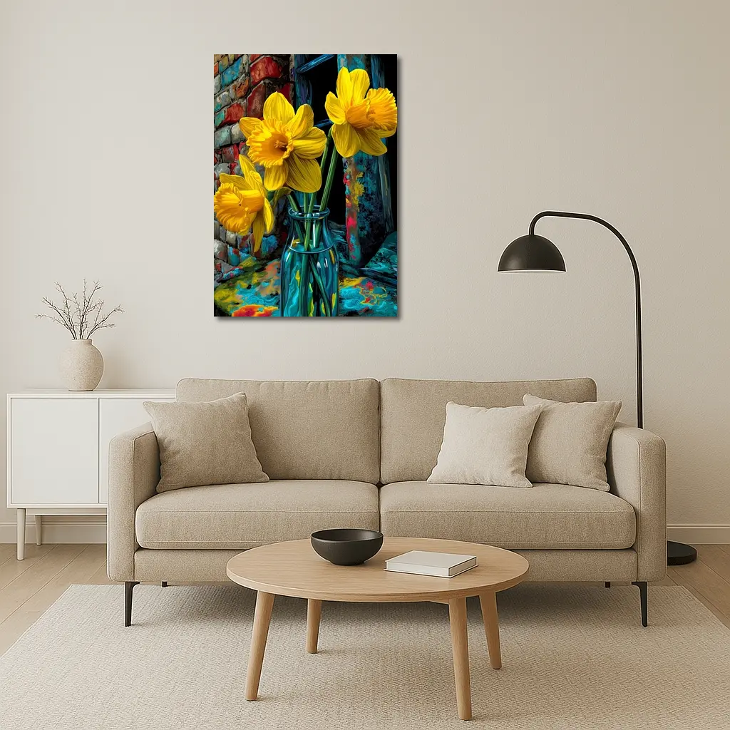 Yellow Daffodils Glass Vase Brick Wall – Wall Art