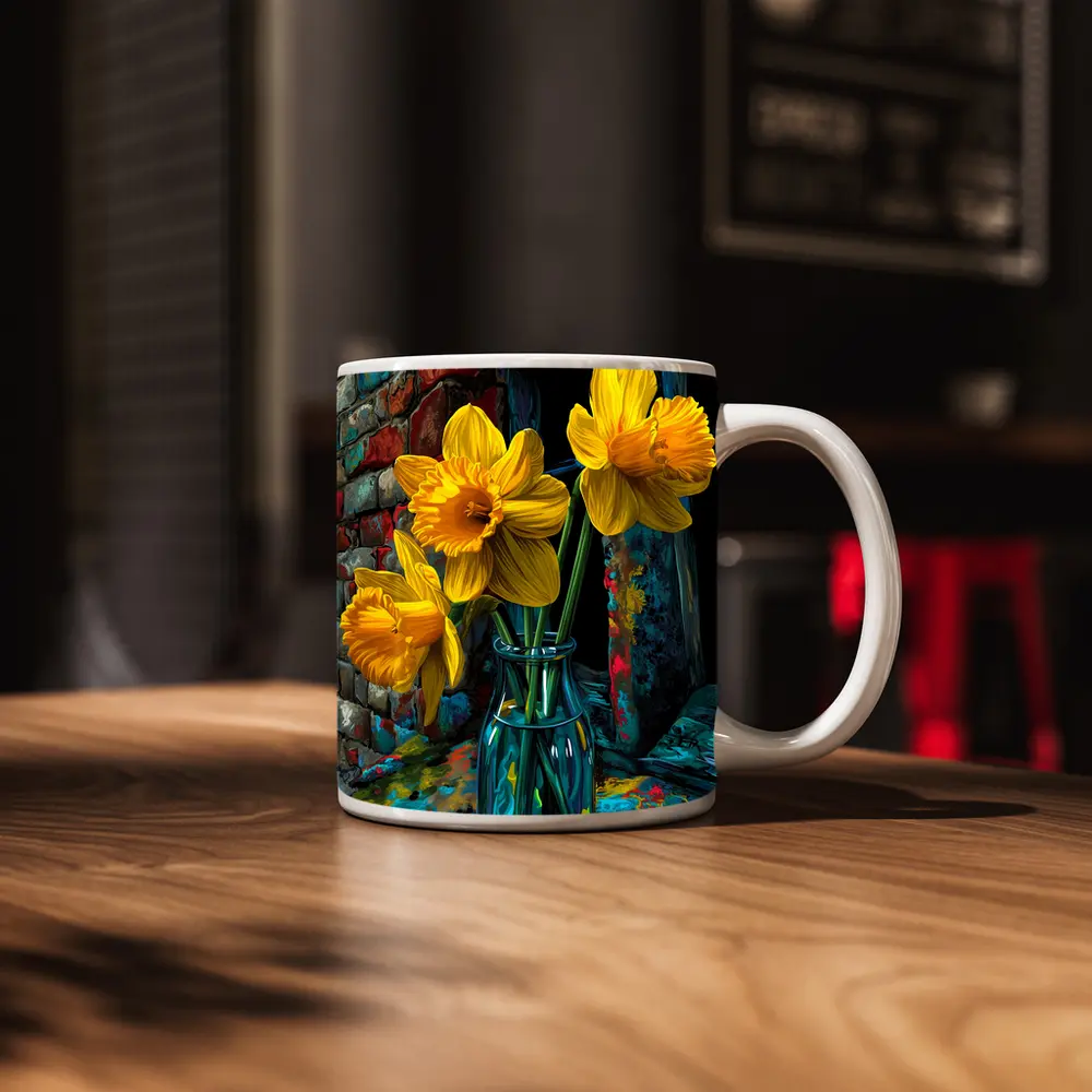 Yellow Daffodils Glass Vase Brick Wall – Mugs