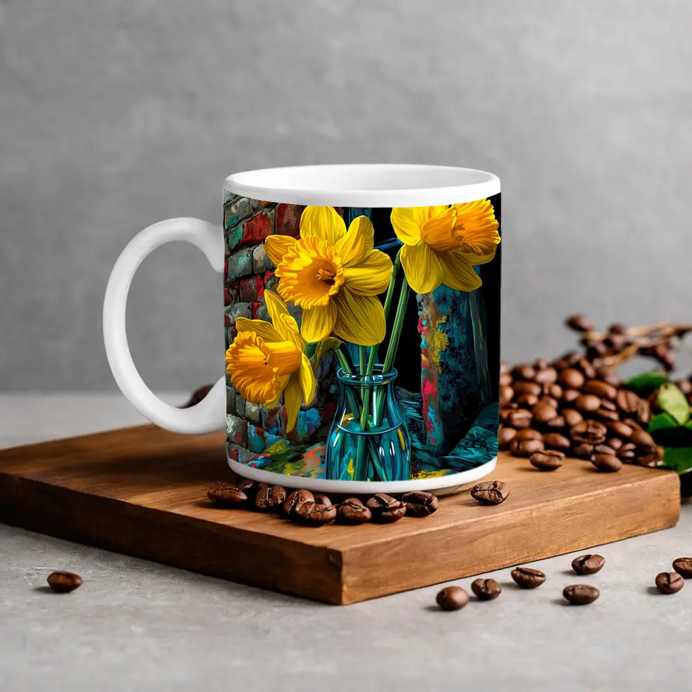 Yellow Daffodils Glass Vase Brick Wall – Mugs