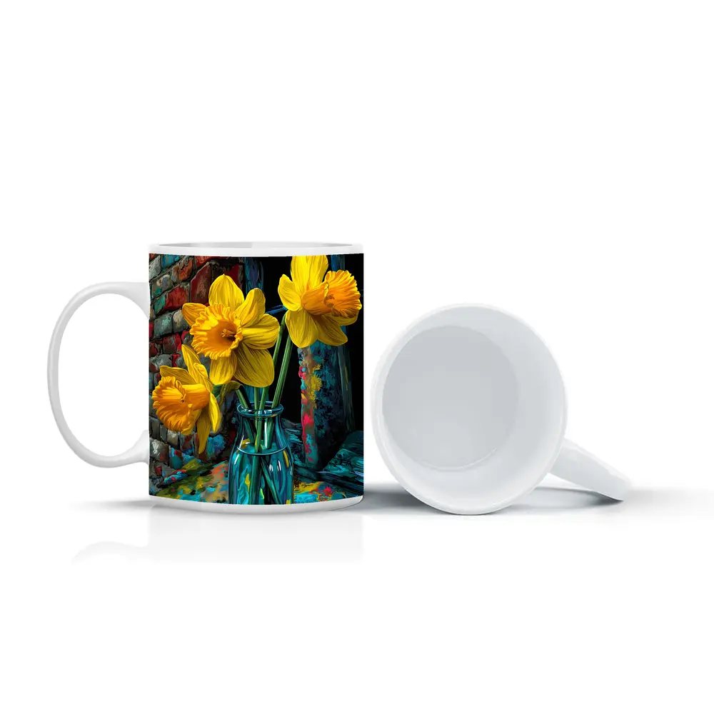 Yellow Daffodils Glass Vase Brick Wall – Mugs