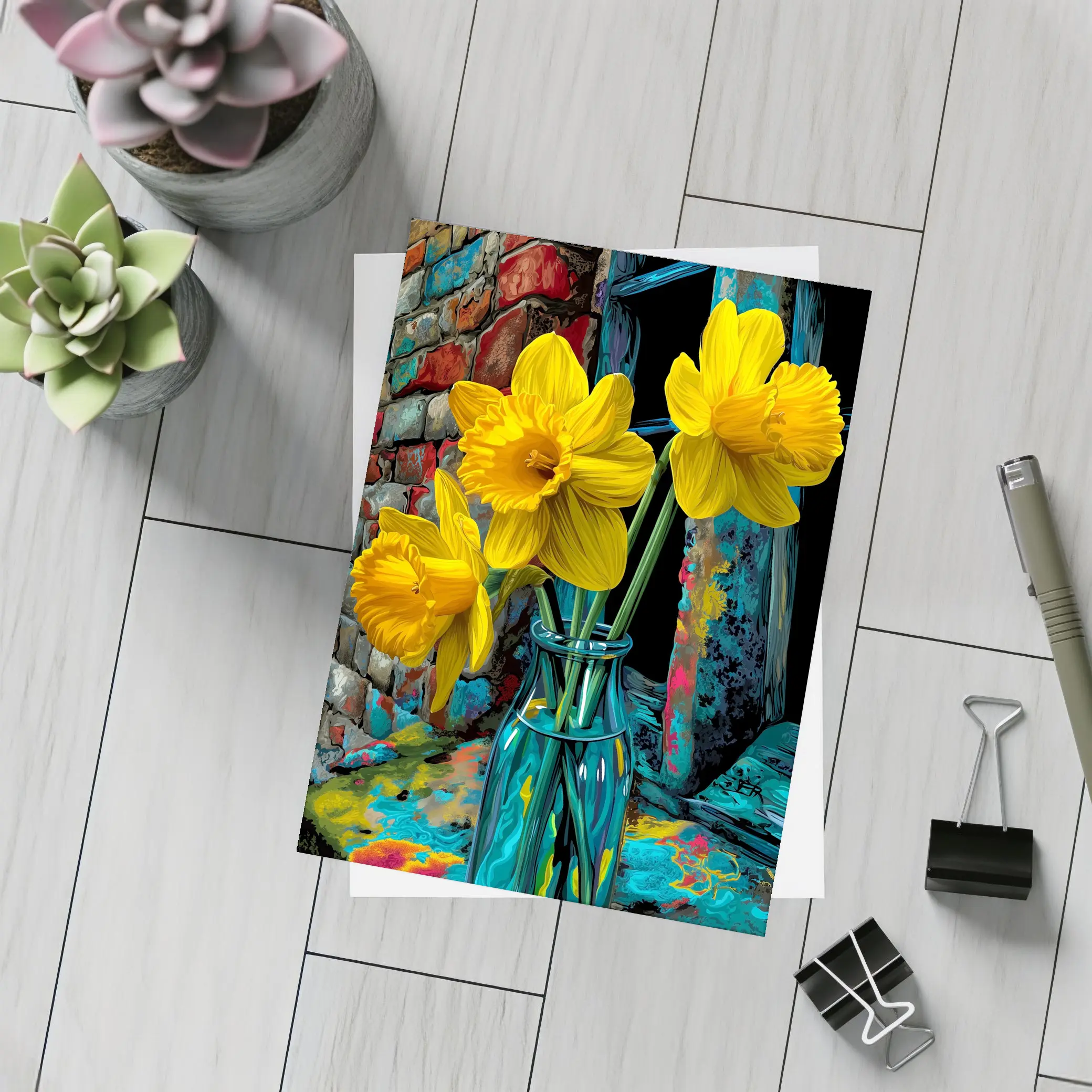 Yellow Daffodils Glass Vase Brick Wall – Postcards