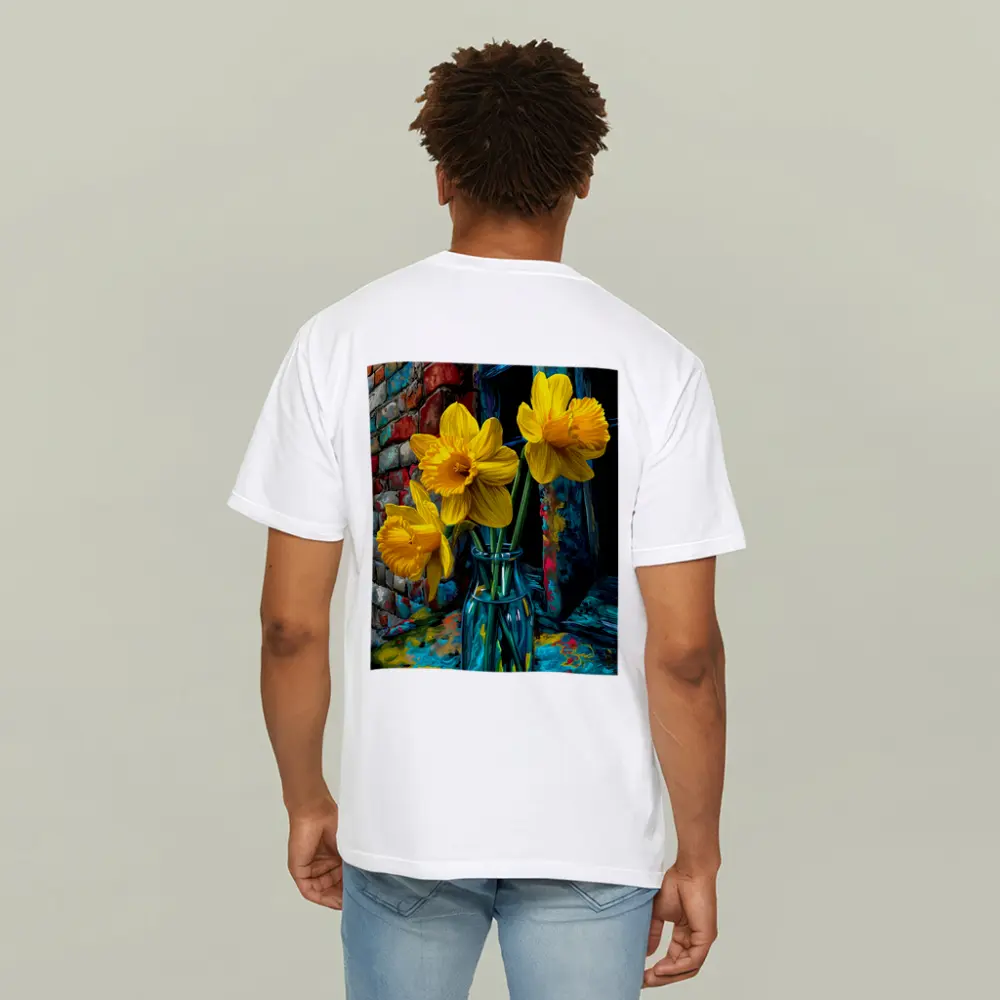 Yellow Daffodils Glass Vase Brick Wall – T-Shirts