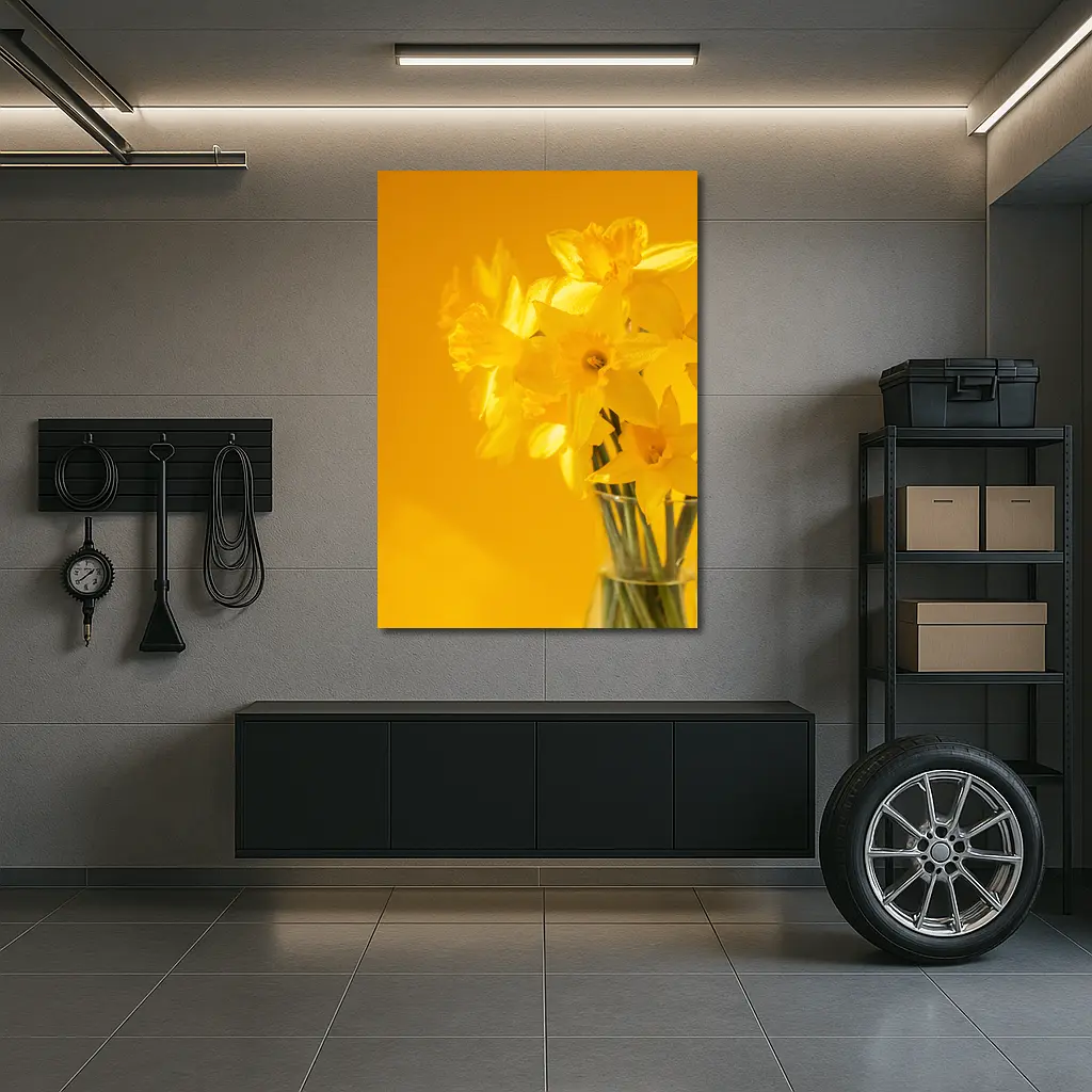 Yellow Daffodils In Glass Vase Golden Background – Wall Art