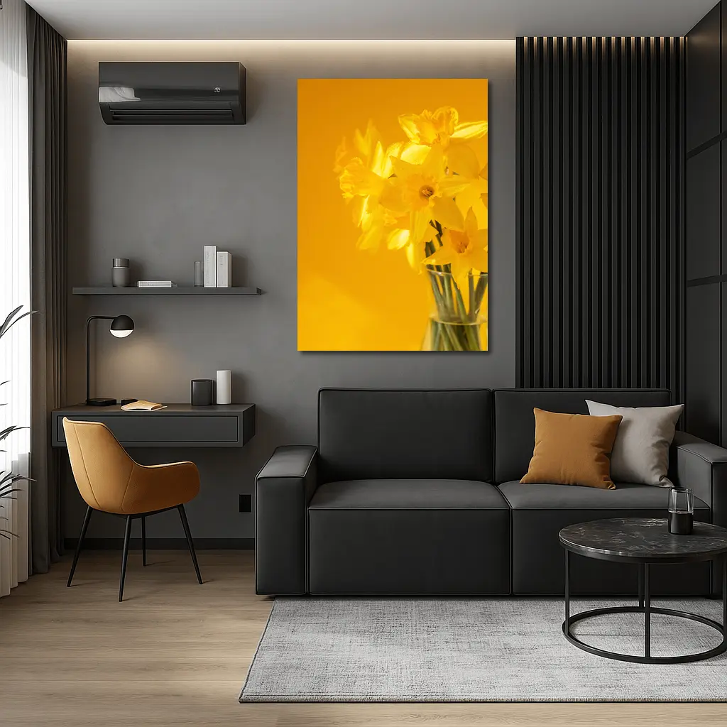 Yellow Daffodils In Glass Vase Golden Background – Wall Art