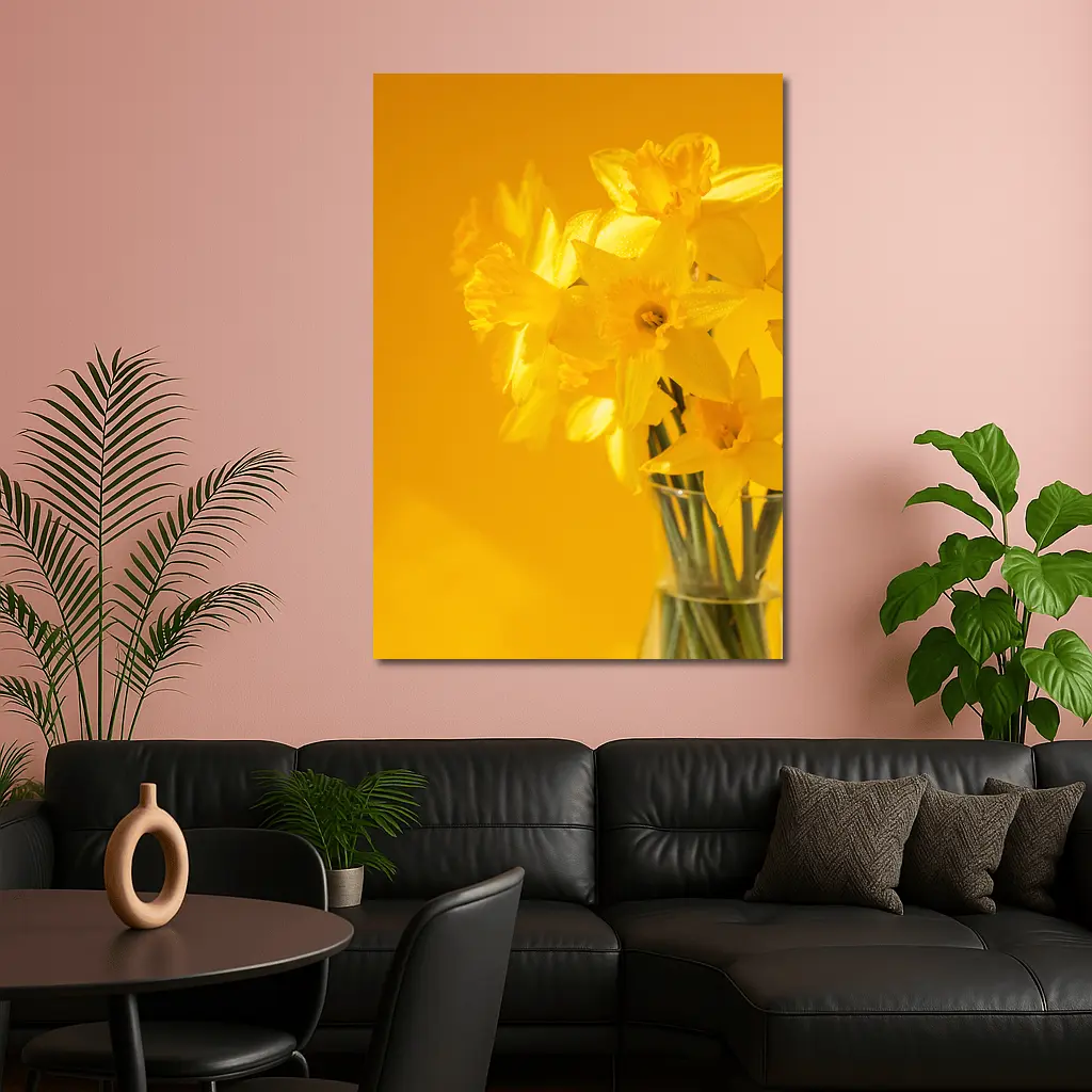 Yellow Daffodils In Glass Vase Golden Background – Wall Art