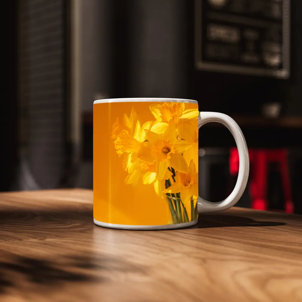 Yellow Daffodils In Glass Vase Golden Background – Mugs