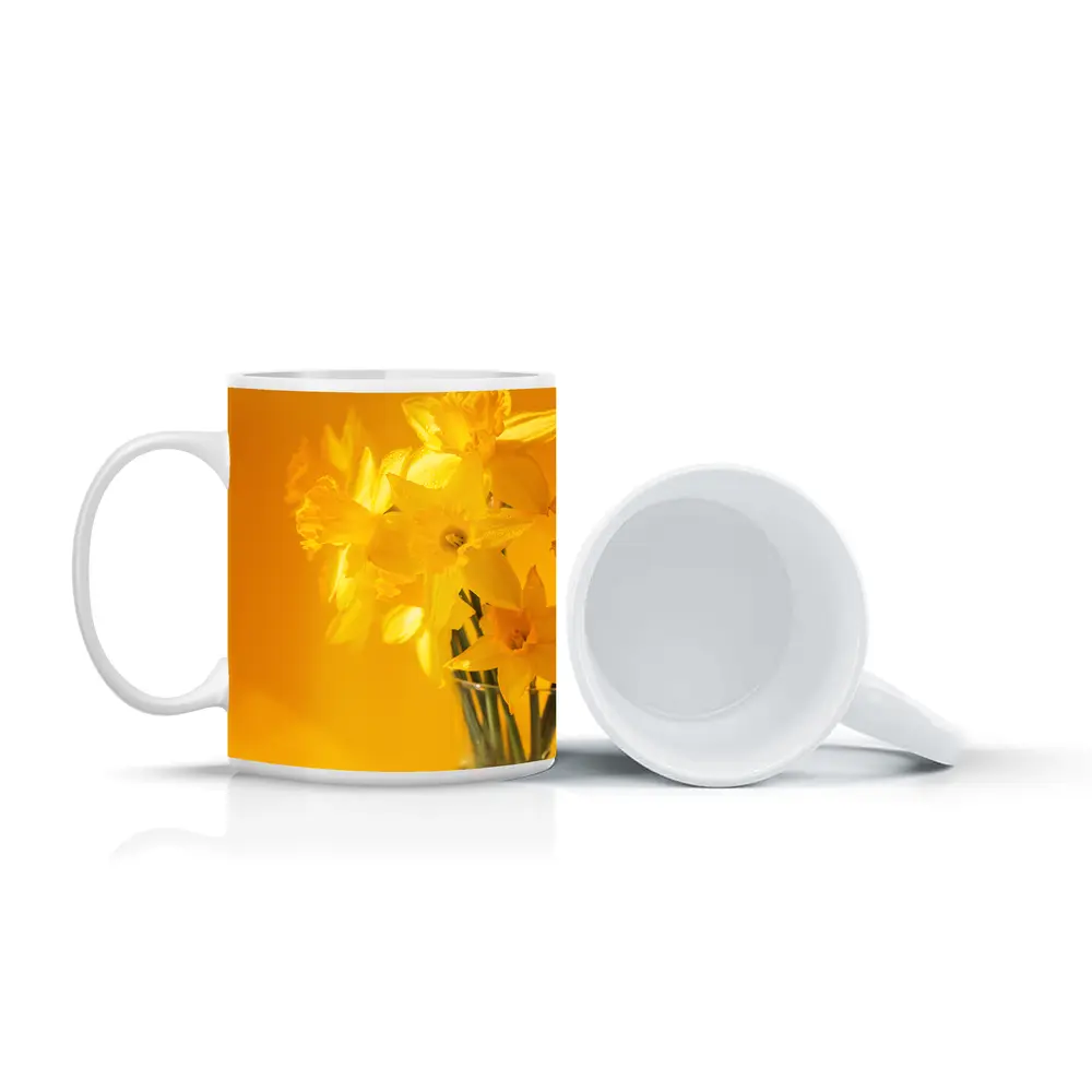 Yellow Daffodils In Glass Vase Golden Background – Mugs