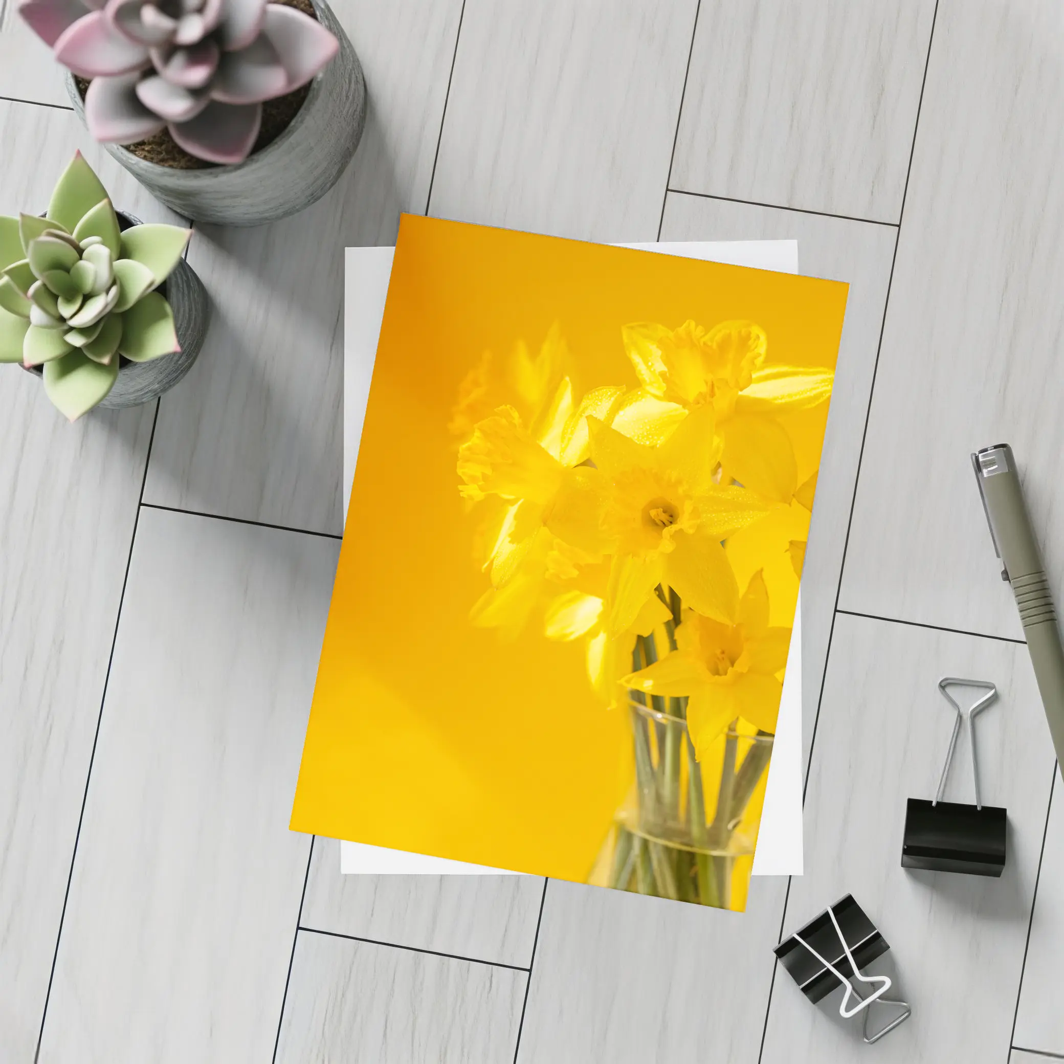 Yellow Daffodils In Glass Vase Golden Background – Postcards