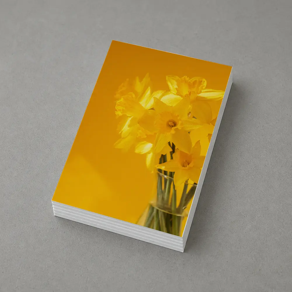 Yellow Daffodils In Glass Vase Golden Background – Postcards