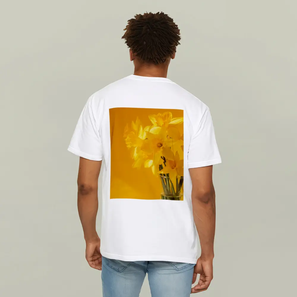 Yellow Daffodils In Glass Vase Golden Background – T-Shirts