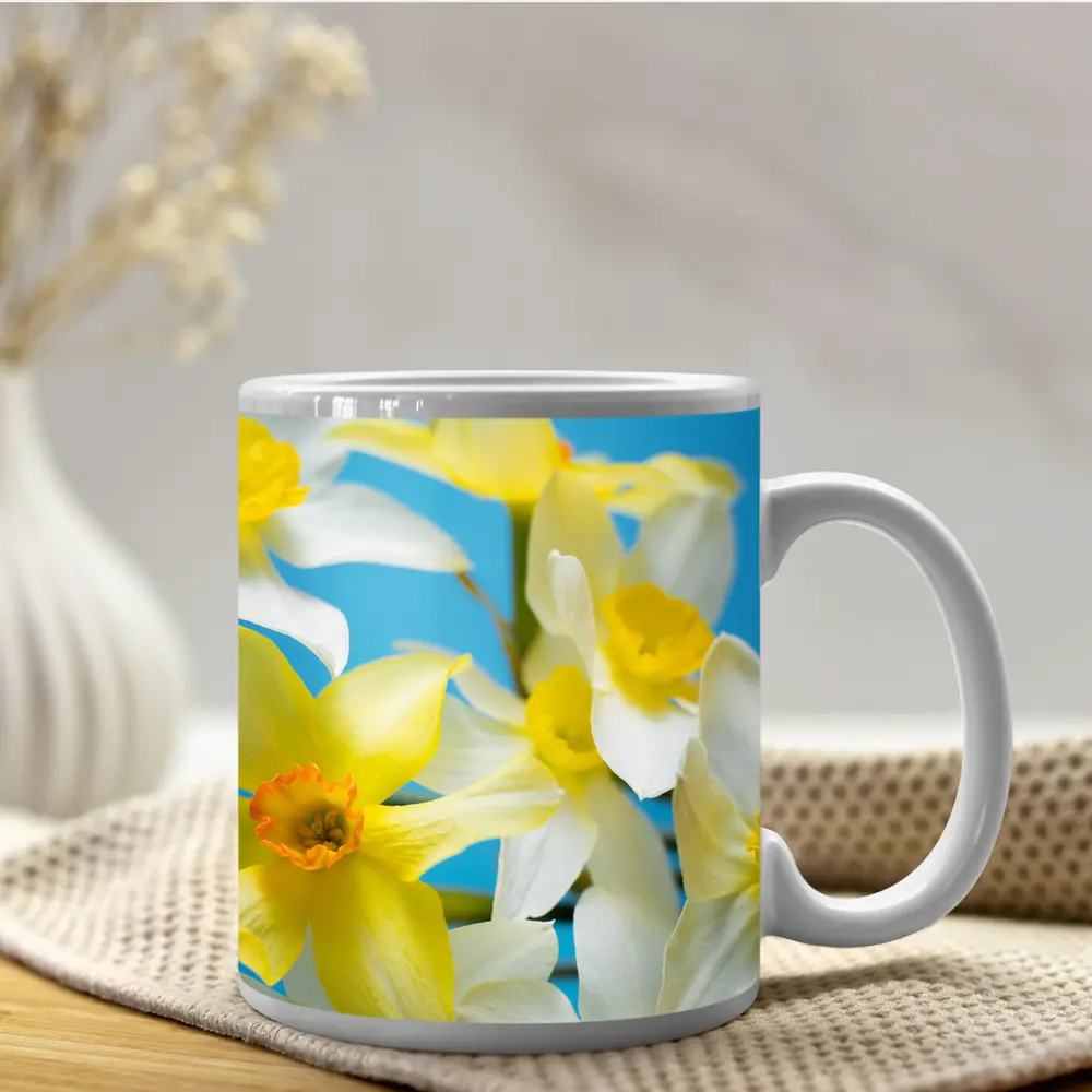 White Yellow Daffodils Blue Background – Mugs