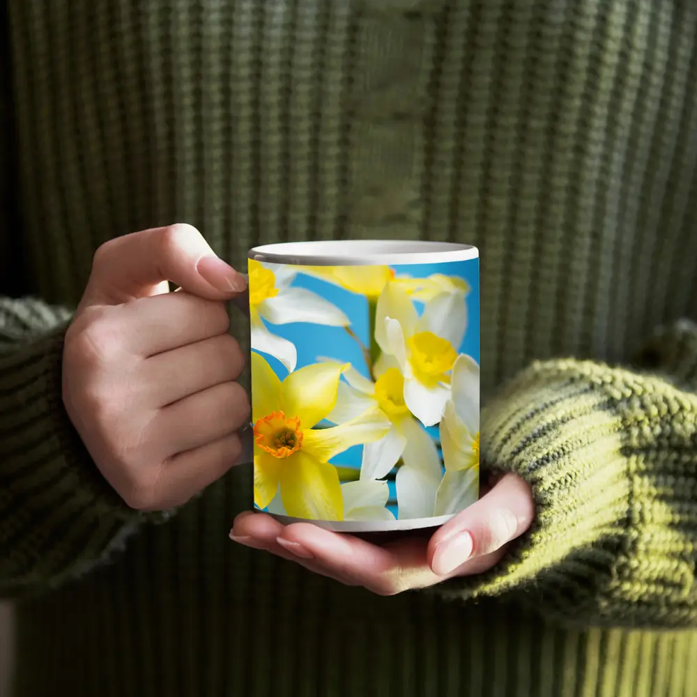 White Yellow Daffodils Blue Background – Mugs