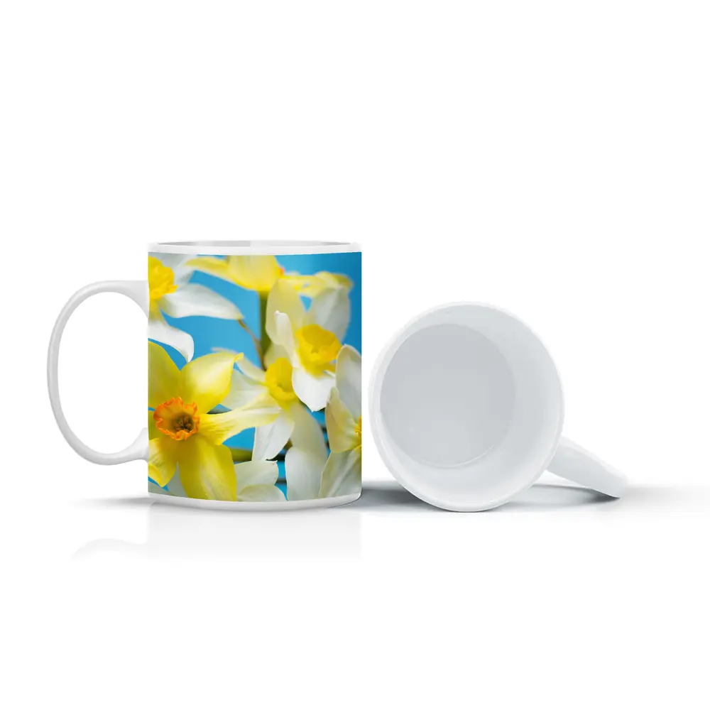 White Yellow Daffodils Blue Background – Mugs