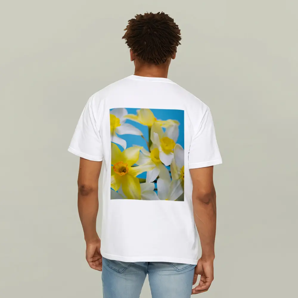 White Yellow Daffodils Blue Background – T-Shirts