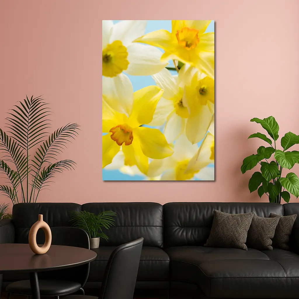 Yellow White Daffodils Blue Sky Background – Wall Art