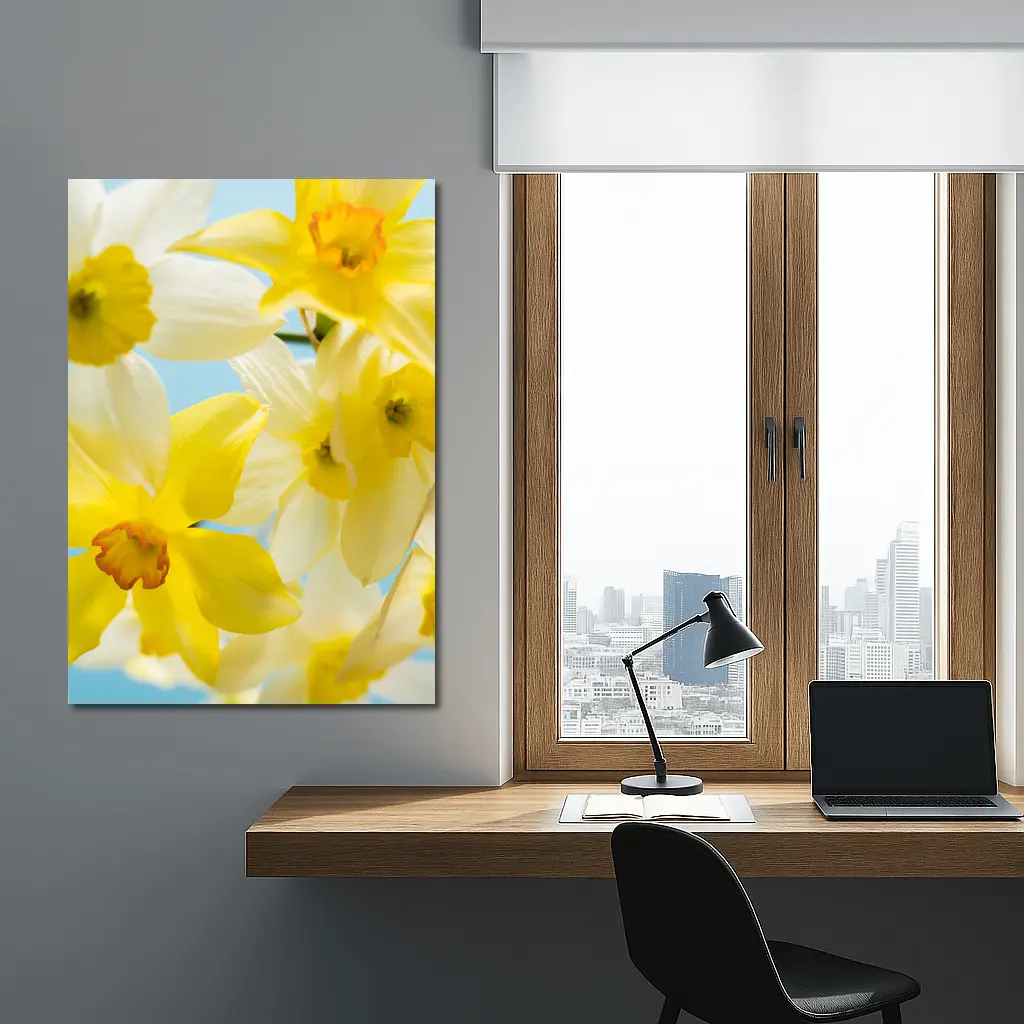 Yellow White Daffodils Blue Sky Background – Wall Art