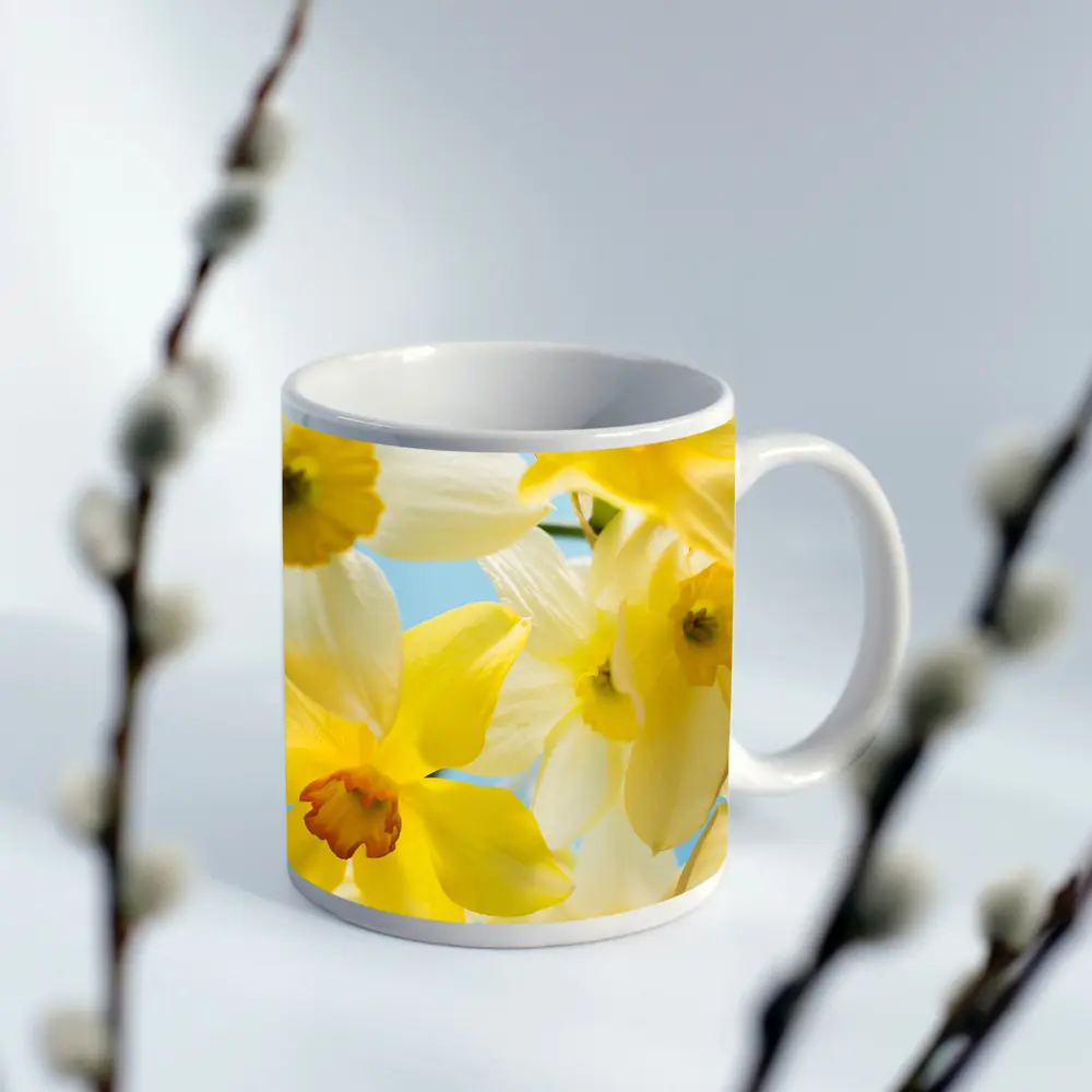 Yellow White Daffodils Blue Sky Background – Mugs