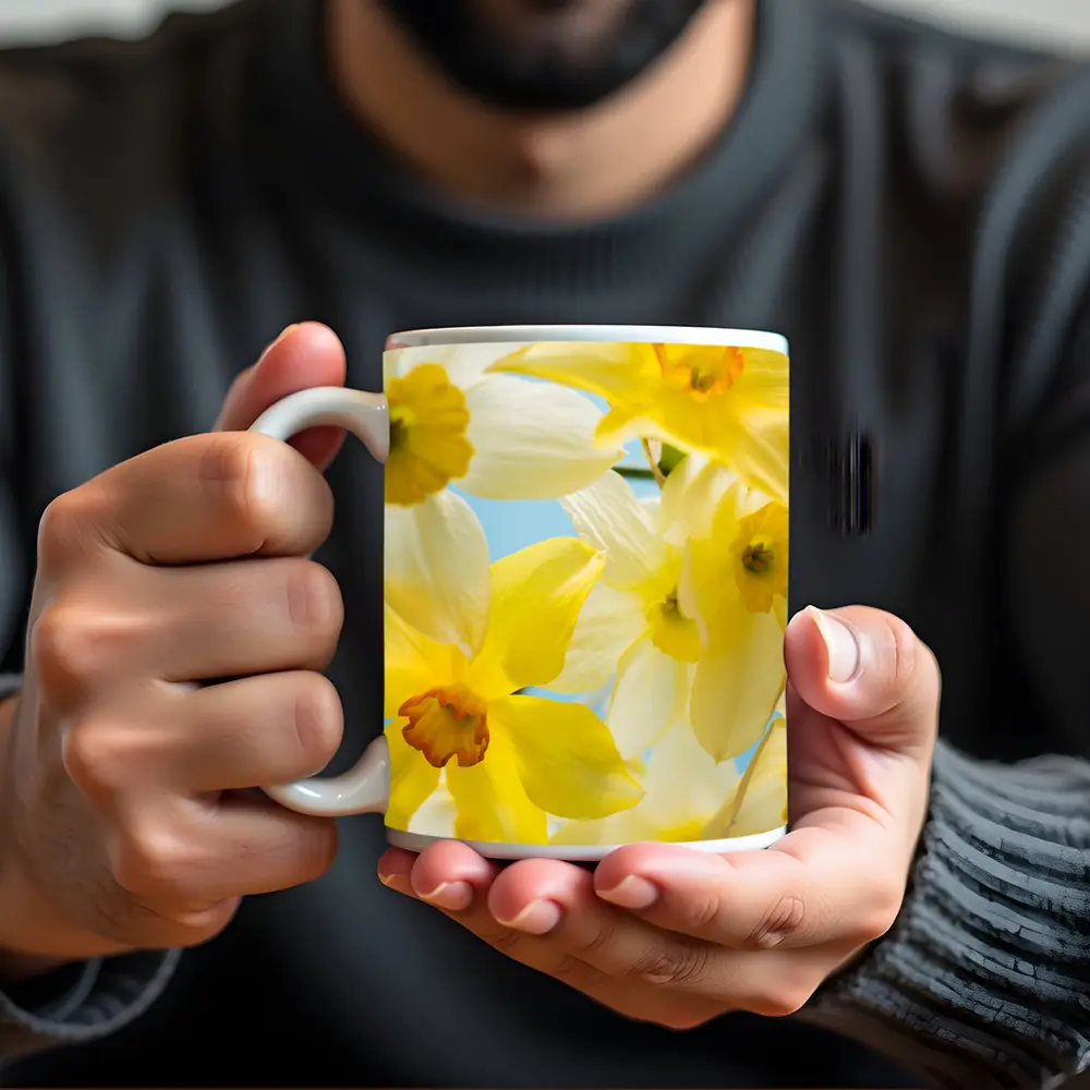 Yellow White Daffodils Blue Sky Background – Mugs